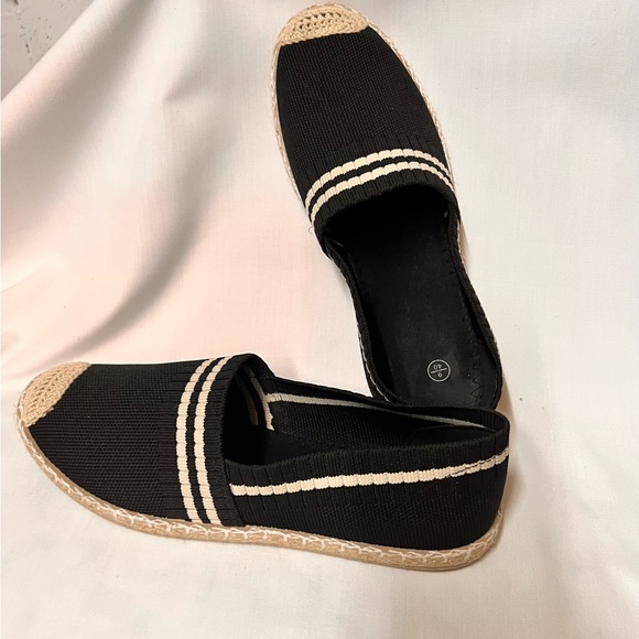 Shoes - Black and beige espadrille flats, size 9.